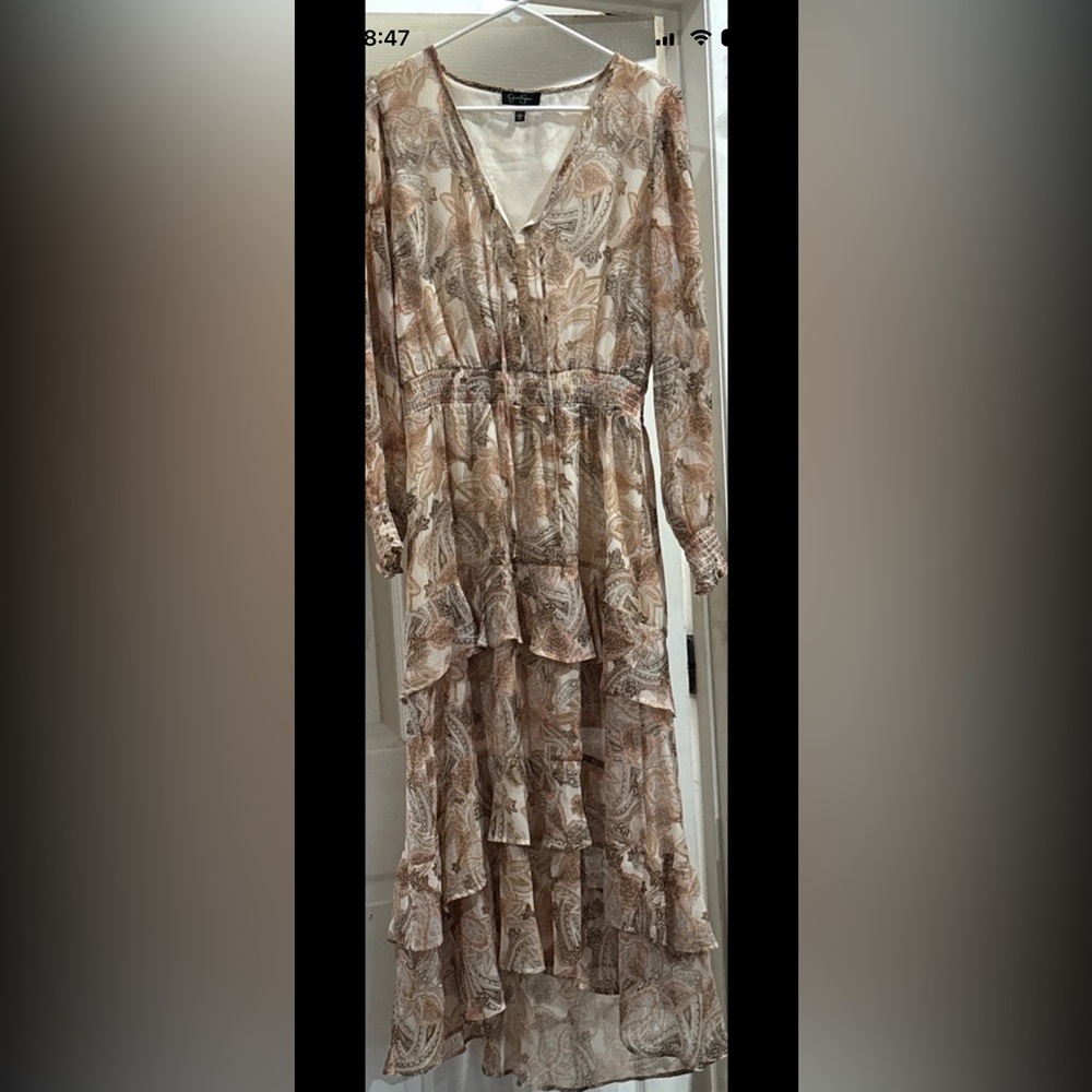 Jessica Simpson Long Sleeve Paisley Tiered Maxi Dress - Beige & Brown